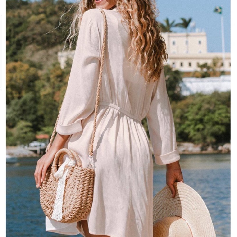 Beige Shirt Collar Summer Bathing Suit Coverup Mini Dress Size Large - Picture 2 of 5